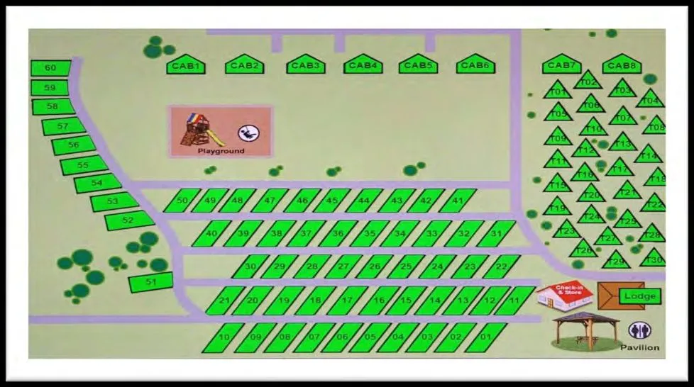 Paddle Trail Campground — site layout map with RV sites, cabins, and amenities