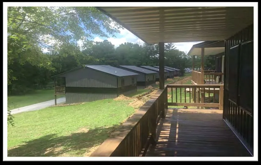 Riverside Resorts — riverfront cabin row from the porch